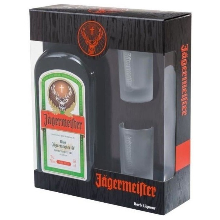 Liqueur Jagermeister - Liqueur herbale - Allemagne - 35%vol - 70cl - Coffret avec 2 verres Liqueur Jagermeister - Liqueur herbale - Allemagne - 35%vol - 70cl - Coffret avec 2 verres
