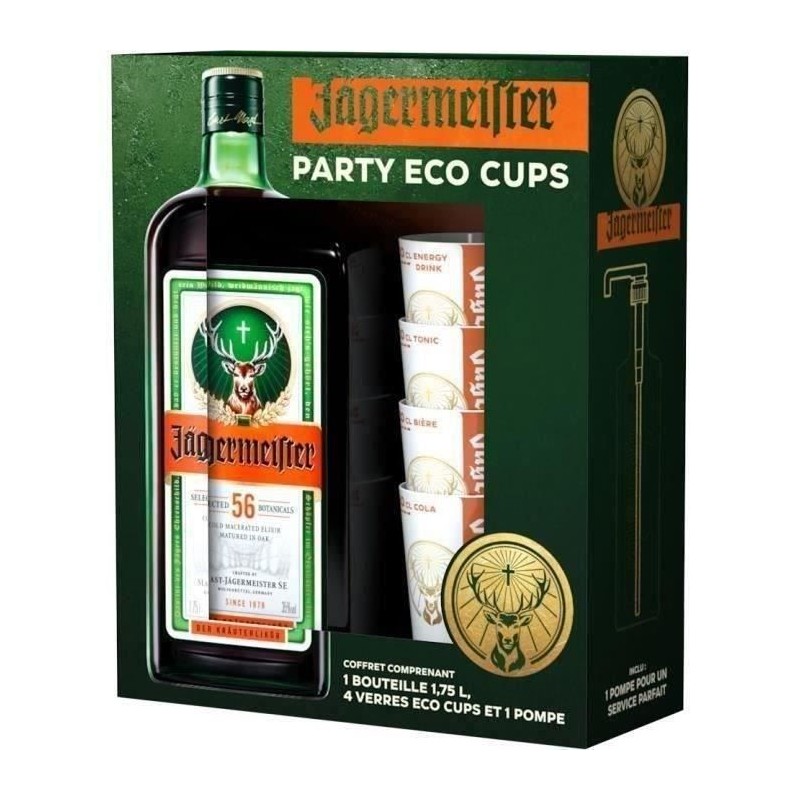 Coffret PartyPack - Liqueur Jägermeister 35,0% Vol. 175cl + 4 verres Coffret PartyPack - Liqueur Jägermeister 35,0% Vol. 175cl + 4 verres