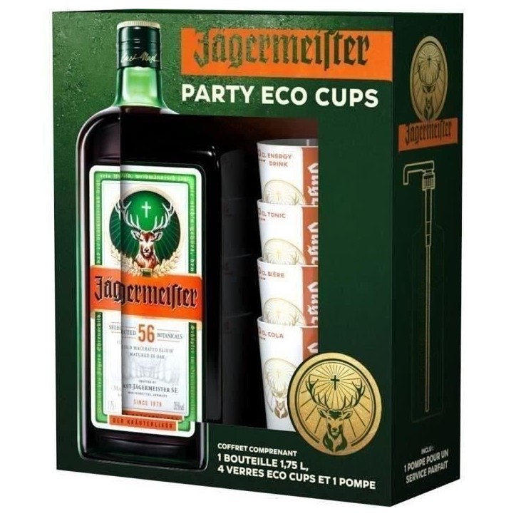 Coffret PartyPack - Liqueur Jägermeister 35,0% Vol. 175cl + 4 verres éco-cups + 1 pompe