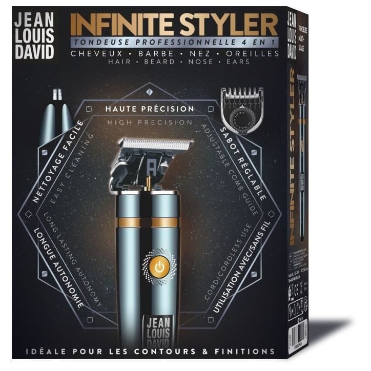 Tondeuse multiusage 4 en 1 - JEAN LOUIS DAVID - Infinite Styler - Barbe, Contours, Précision, Nez &Oreilles - Batterie Lithium- Tondeuse multiusage 4 en 1 - JEAN LOUIS DAVID - Infinite Styler - Barbe, Contours, Précision, Nez &Oreilles - Batterie Lithium-