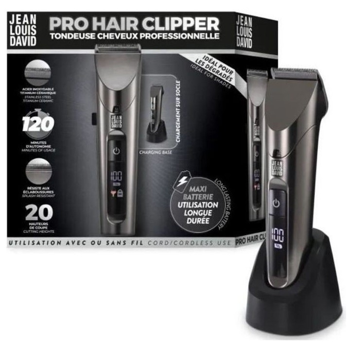 Tondeuse cheveux - JEAN LOUIS DAVID - Pro Hair Clipper - 20 Hauteurs de Coupe - Batterie Lithium Ion - Grande Autonomie Tondeuse cheveux - JEAN LOUIS DAVID - Pro Hair Clipper - 20 Hauteurs de Coupe - Batterie Lithium Ion - Grande Autonomie