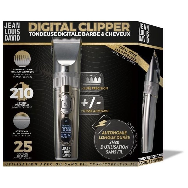 Tondeuse barbe & cheveux - JEAN LOUIS DAVID - Digital Clipper - 25 Hauteurs de Coupe - Batterie Lithium Ion - Grande Autonomie Tondeuse barbe & cheveux - JEAN LOUIS DAVID - Digital Clipper - 25 Hauteurs de Coupe - Batterie Lithium Ion - Grande Autonomie