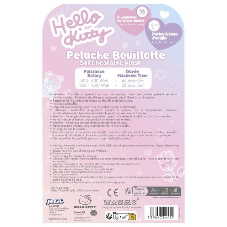 Peluche bouillote - HELLO KITTY - JEMINI - Douce - 21 cm Peluche bouillote - HELLO KITTY - JEMINI - Douce - 21 cm