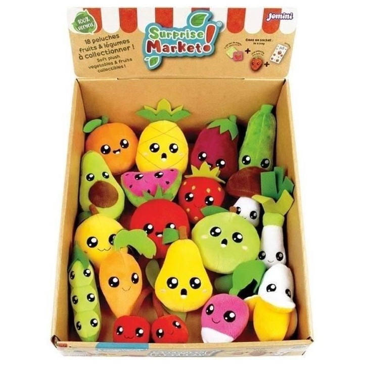 Lot de 18 pochettes surprises - JEMINI - Surprise Market - Peluche fruits ou légumes +/- 10 cm, stickers et cartes mémo Lot de 18 pochettes surprises - JEMINI - Surprise Market - Peluche fruits ou légumes +/- 10 cm, stickers et cartes mémo