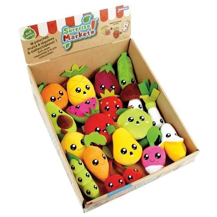 Lot de 18 pochettes surprises - JEMINI - Surprise Market - Peluche fruits ou légumes +/- 10 cm, stickers et cartes mémo Lot de 18 pochettes surprises - JEMINI - Surprise Market - Peluche fruits ou légumes +/- 10 cm, stickers et cartes mémo
