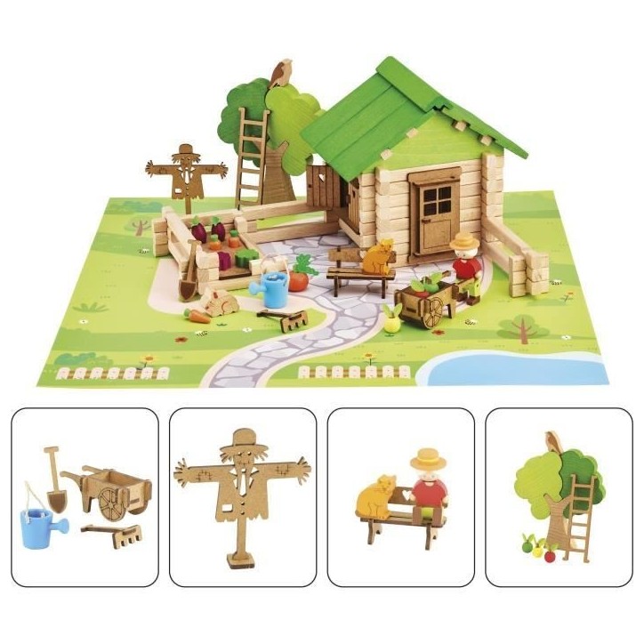 Jeu de Construction Maison et Jardin - JEUJURA - Bois Naturel - 135 Pieces