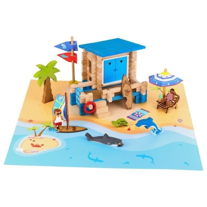Journée a la Plage 120 Pieces - JEUJURA - Jeu de Construction en Bois Naturel, Tapis et Accessoires Inclus, 32x27x11 cm Journée a la Plage 120 Pieces - JEUJURA - Jeu de Construction en Bois Naturel, Tapis et Accessoires Inclus, 32x27x11 cm