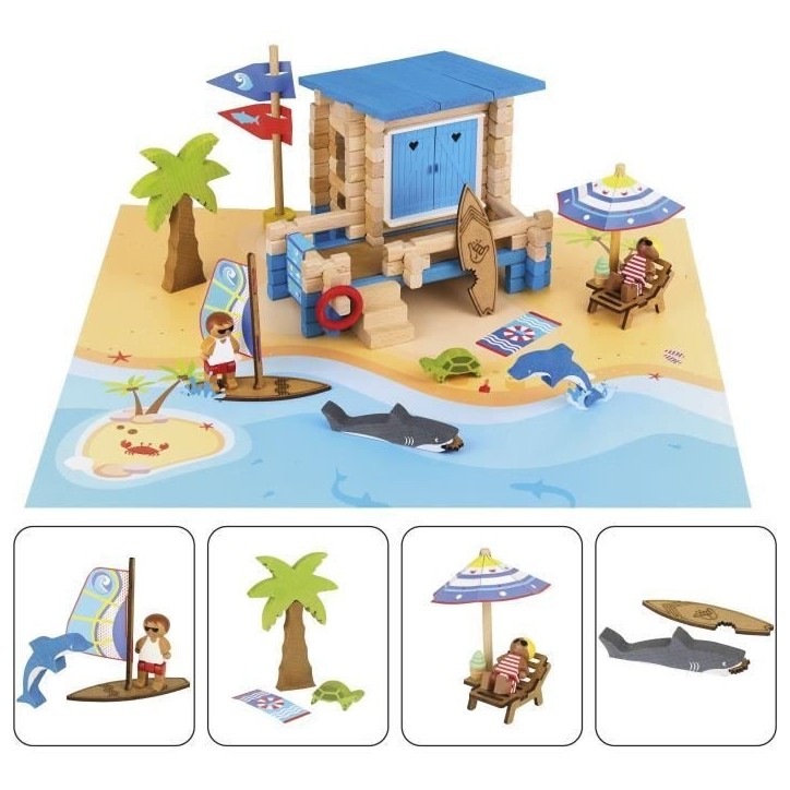 Journée a la Plage 120 Pieces - JEUJURA - Jeu de Construction en Bois Naturel, Tapis et Accessoires Inclus, 32x27x11 cm Journée a la Plage 120 Pieces - JEUJURA - Jeu de Construction en Bois Naturel, Tapis et Accessoires Inclus, 32x27x11 cm