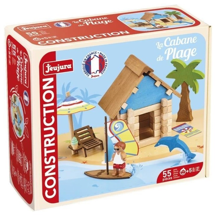 La Cabane de Plage 55 Pieces - JEUJURA - Jeu de Construction en Bois Naturel, Tapis et Accessoires Inclus, 22x18,5x8,5 cm La Cabane de Plage 55 Pieces - JEUJURA - Jeu de Construction en Bois Naturel, Tapis et Accessoires Inclus, 22x18,5x8,5 cm