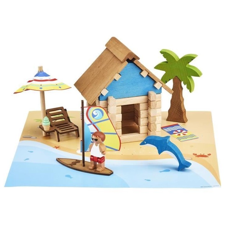 La Cabane de Plage 55 Pieces - JEUJURA - Jeu de Construction en Bois Naturel, Tapis et Accessoires Inclus, 22x18,5x8,5 cm La Cabane de Plage 55 Pieces - JEUJURA - Jeu de Construction en Bois Naturel, Tapis et Accessoires Inclus, 22x18,5x8,5 cm