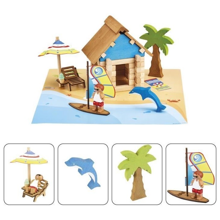 La Cabane de Plage 55 Pieces - JEUJURA - Jeu de Construction en Bois Naturel, Tapis et Accessoires Inclus, 22x18,5x8,5 cm La Cabane de Plage 55 Pieces - JEUJURA - Jeu de Construction en Bois Naturel, Tapis et Accessoires Inclus, 22x18,5x8,5 cm