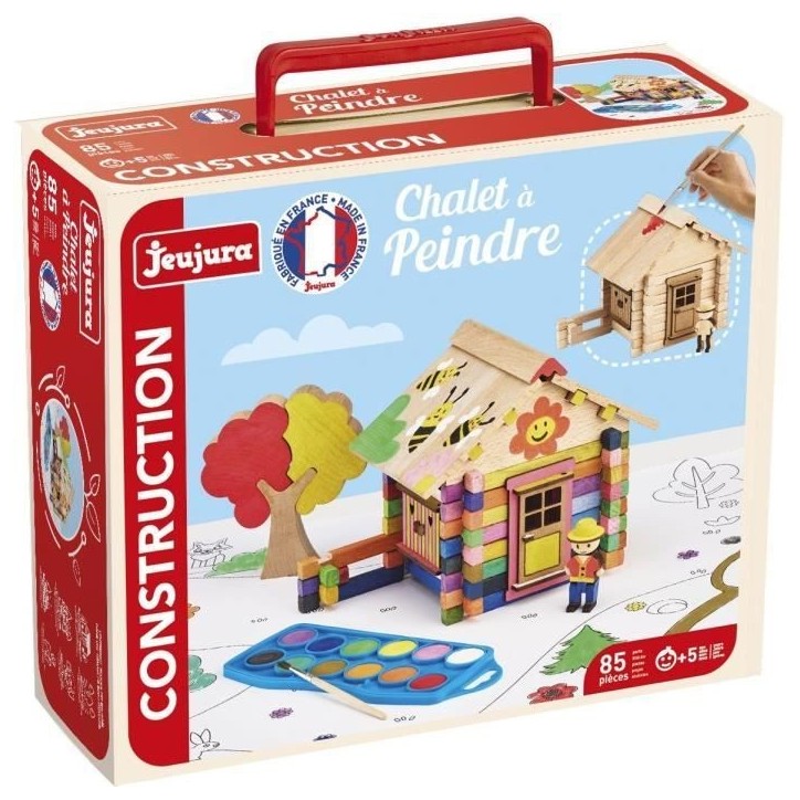 Chalet a Peindre 85 Pieces - JEUJURA - Jeu de Construction en Bois Naturel, Accessoires et Peinture Inclus, 26x24x9 cm Chalet a Peindre 85 Pieces - JEUJURA - Jeu de Construction en Bois Naturel, Accessoires et Peinture Inclus, 26x24x9 cm