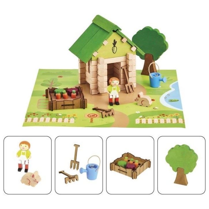La Cabane du Jardinier 60 Pieces - JEUJURA - Jeu de Construction en Bois Naturel, Tapis et Accessoires Inclus, 22x18,5x8,5 cm La Cabane du Jardinier 60 Pieces - JEUJURA - Jeu de Construction en Bois Naturel, Tapis et Accessoires Inclus, 22x18,5x8,5 cm