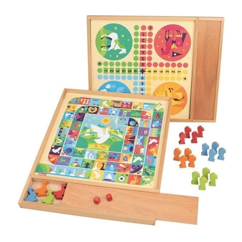 JEUJURA Jeux de l'oie et petits chevaux - Plateau avec plumier en bois JEUJURA Jeux de l'oie et petits chevaux - Plateau avec plumier en bois