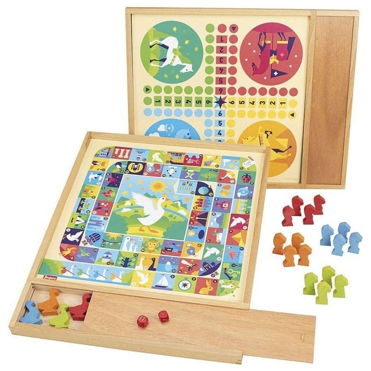 JEUJURA Jeux de l'oie et petits chevaux - Plateau avec plumier en bois