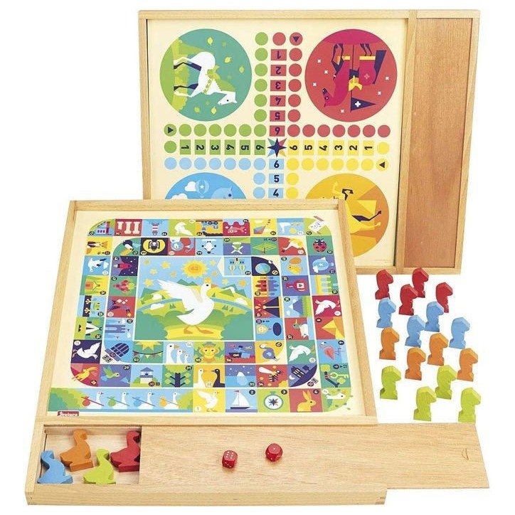 JEUJURA Jeux de l'oie et petits chevaux - Plateau avec plumier en bois