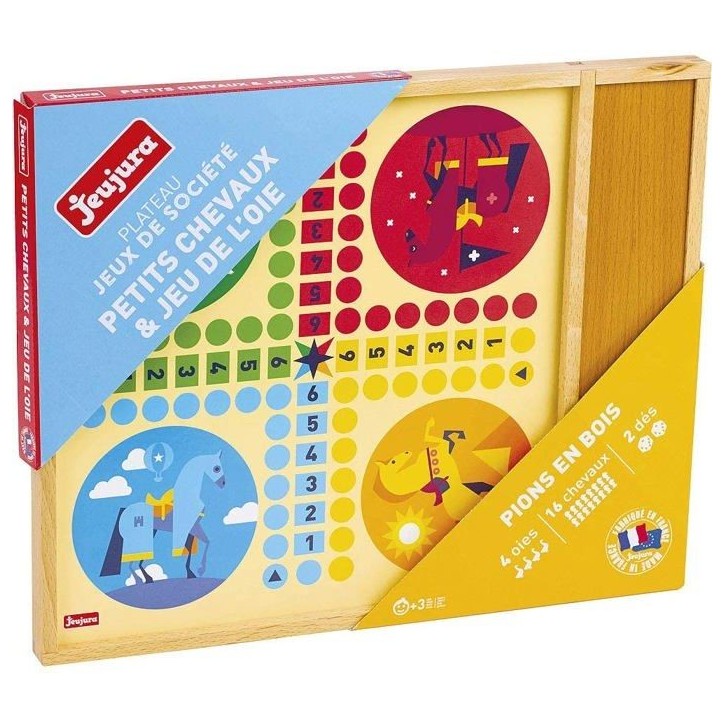 JEUJURA Jeux de l'oie et petits chevaux - Plateau avec plumier en bois