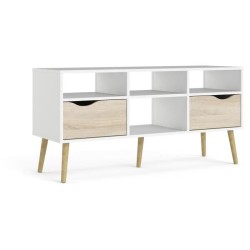 Meuble TV - 4 niches 2 tiroirs - Blanc / Chene - 117,2 x 39,1 x 57,4 c