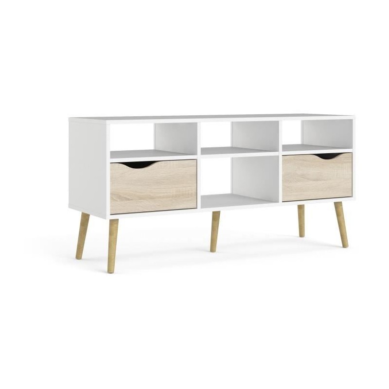 Meuble TV - 4 niches 2 tiroirs - Blanc / Chene - 117,2 x 39,1 x 57,4 c