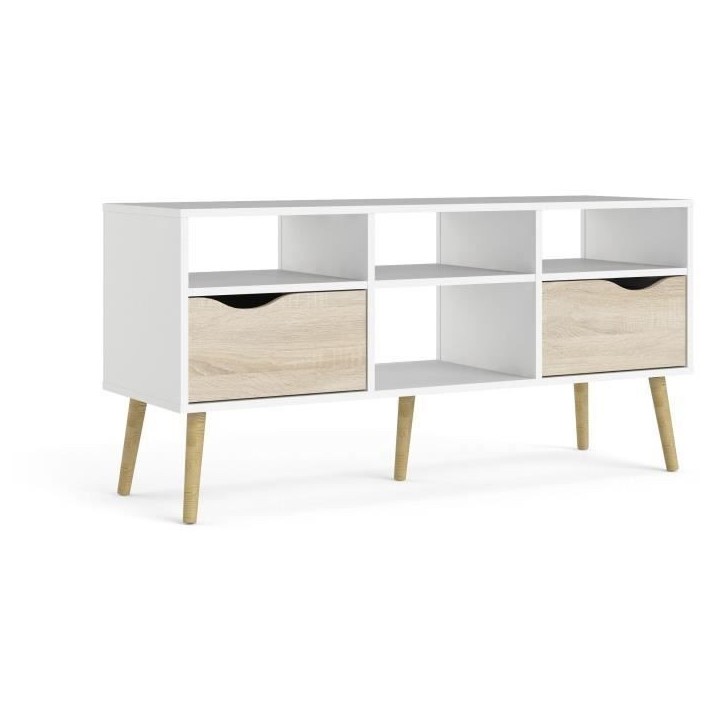 Meuble TV - 4 niches 2 tiroirs - Blanc / Chene - 117,2 x 39,1 x 57,4 cm ARO Meuble TV - 4 niches 2 tiroirs - Blanc / Chene - 117,2 x 39,1 x 57,4 cm ARO