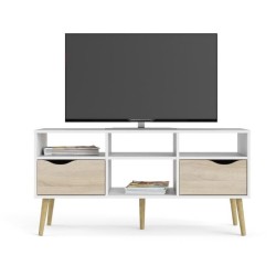 Meuble TV - 4 niches 2 tiroirs - Blanc / Chene - 117,2 x 39,1 x 57,4 c