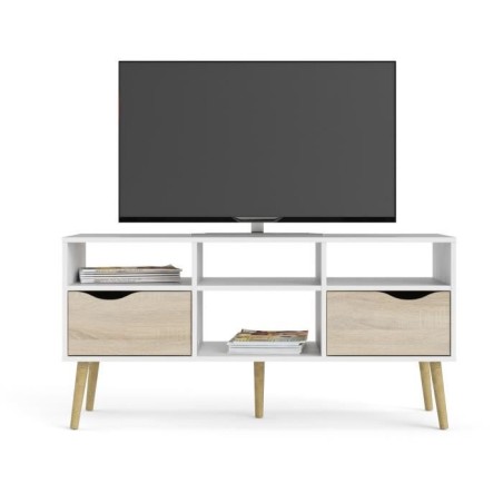 Meuble TV - 4 niches 2 tiroirs - Blanc / Chene - 117,2 x 39,1 x 57,4 cm ARO