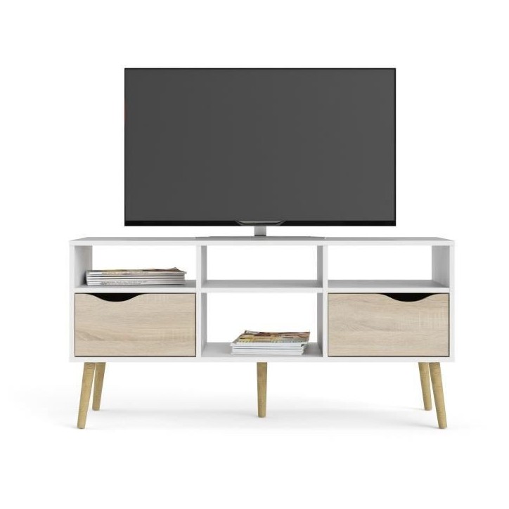 Meuble TV - 4 niches 2 tiroirs - Blanc / Chene - 117,2 x 39,1 x 57,4 cm ARO Meuble TV - 4 niches 2 tiroirs - Blanc / Chene - 117,2 x 39,1 x 57,4 cm ARO