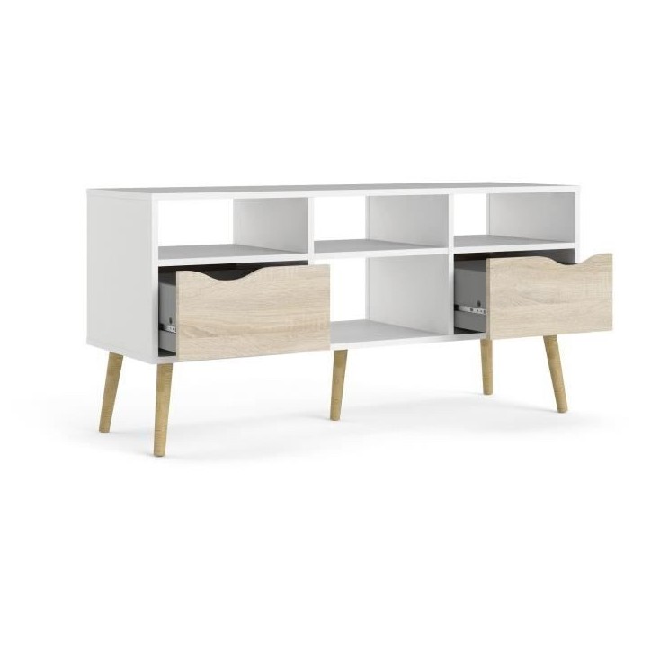 Meuble TV - 4 niches 2 tiroirs - Blanc / Chene - 117,2 x 39,1 x 57,4 cm ARO Meuble TV - 4 niches 2 tiroirs - Blanc / Chene - 117,2 x 39,1 x 57,4 cm ARO