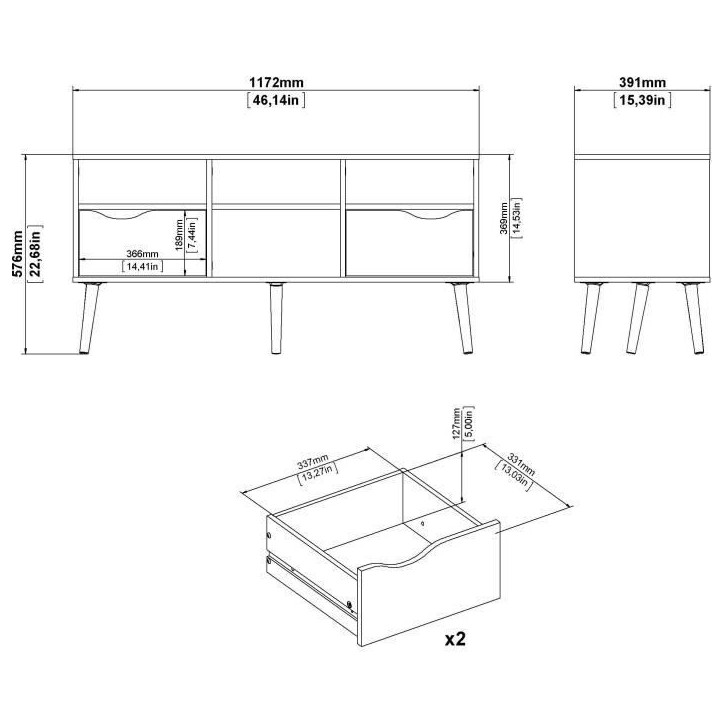 Meuble TV - 4 niches 2 tiroirs - Blanc / Chene - 117,2 x 39,1 x 57,4 cm ARO Meuble TV - 4 niches 2 tiroirs - Blanc / Chene - 117,2 x 39,1 x 57,4 cm ARO