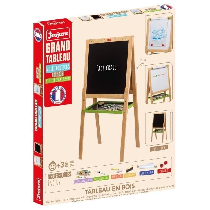 Grand tableau multifonctions en bois avec fonction dessin - JEUJURA - Ardoise craie, face blanche magnétique Grand tableau multifonctions en bois avec fonction dessin - JEUJURA - Ardoise craie, face blanche magnétique