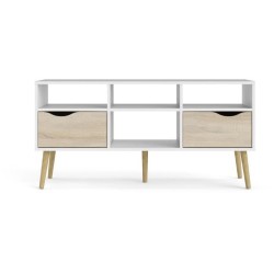 Meuble TV - 4 niches 2 tiroirs - Blanc / Chene - 117,2 x 39,1 x 57,4 c