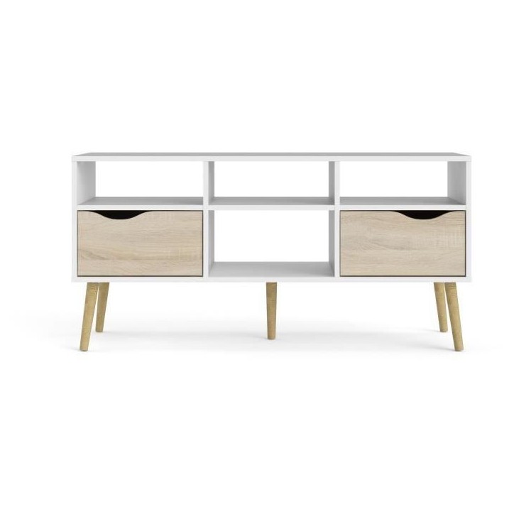 Meuble TV - 4 niches 2 tiroirs - Blanc / Chene - 117,2 x 39,1 x 57,4 cm ARO Meuble TV - 4 niches 2 tiroirs - Blanc / Chene - 117,2 x 39,1 x 57,4 cm ARO