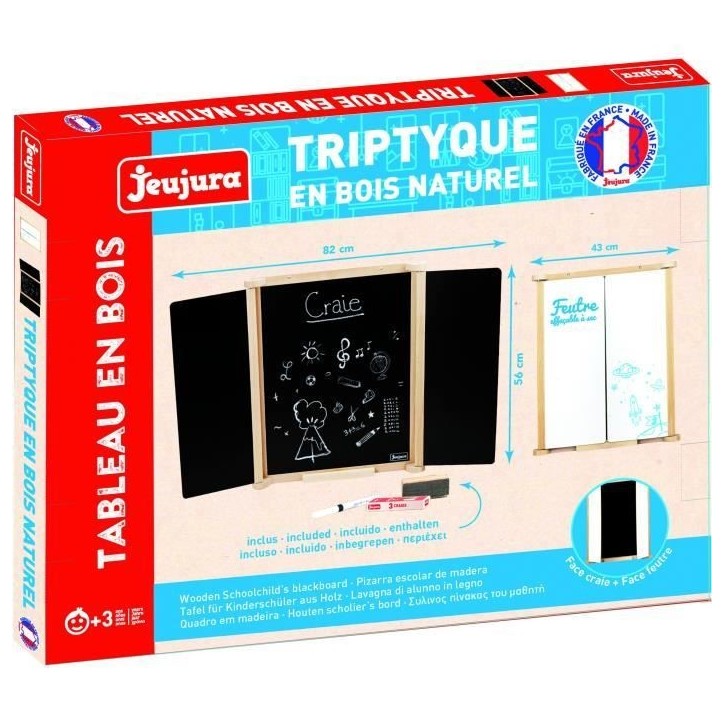 Tableau Triptyque Mural en Bois Naturel - JEUJURA - Ardoise Centrale et Volets Craie/Feutre, Accessoires Inclus, 82x56 cm Tableau Triptyque Mural en Bois Naturel - JEUJURA - Ardoise Centrale et Volets Craie/Feutre, Accessoires Inclus, 82x56 cm