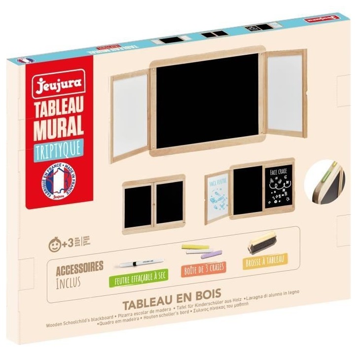 Tableau mural triptyque - JEUJURA - Ardoise craie, 2 volets face blanche et craie Tableau mural triptyque - JEUJURA - Ardoise craie, 2 volets face blanche et craie