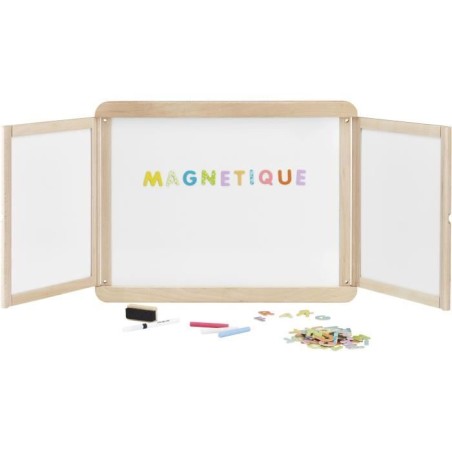 Tableau mural triptyque magnétique - JEUJURA - Ardoise centrale magnétique, 2 volets face blanche et crai