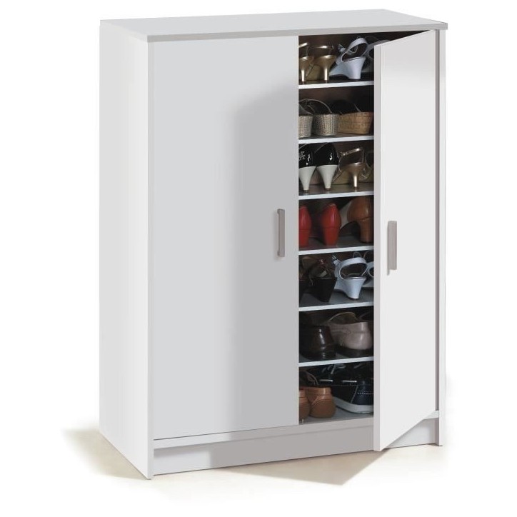 Meuble a chaussures armoire BASIC - 2 portes + 6 étageres - Mélaminé blanc - 30 paires - L75 x P36 x H101 cm