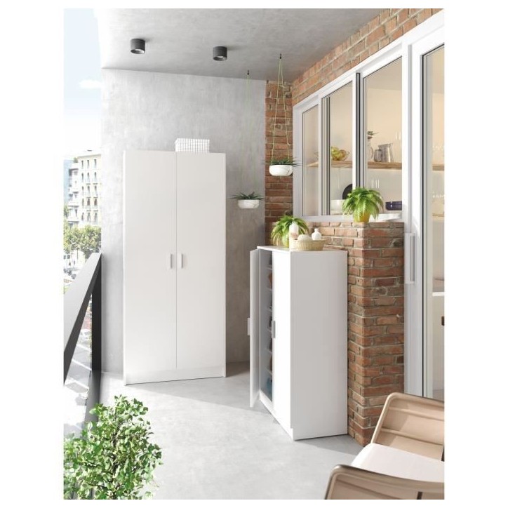 Meuble a chaussures armoire BASIC - 2 portes + 6 étageres - Mélaminé blanc - 30 paires - L75 x P36 x H101 cm
