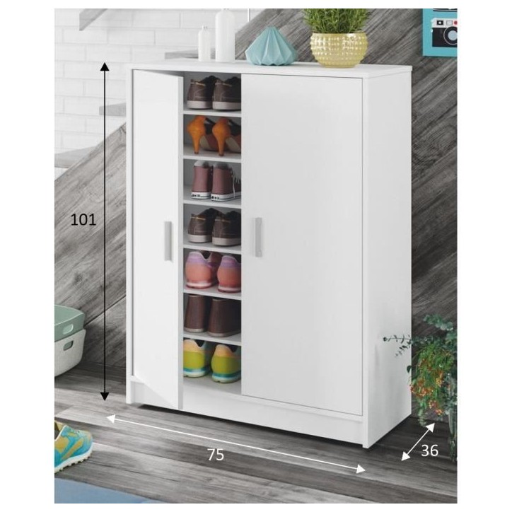 Meuble a chaussures armoire BASIC - 2 portes + 6 étageres - Mélaminé blanc - 30 paires - L75 x P36 x H101 cm