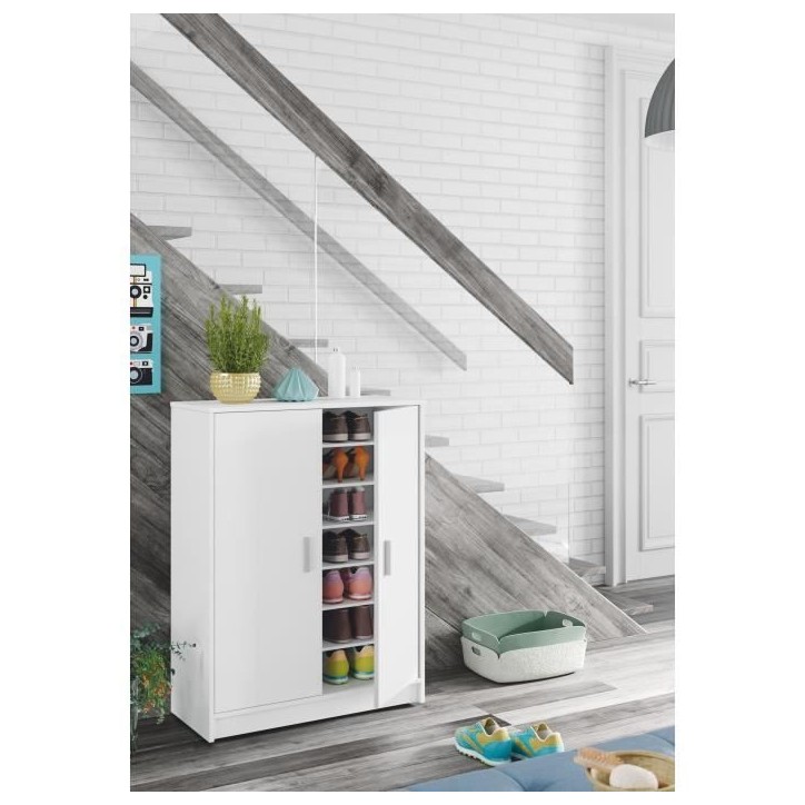 Meuble a chaussures armoire BASIC - 2 portes + 6 étageres - Mélaminé blanc - 30 paires - L75 x P36 x H101 cm