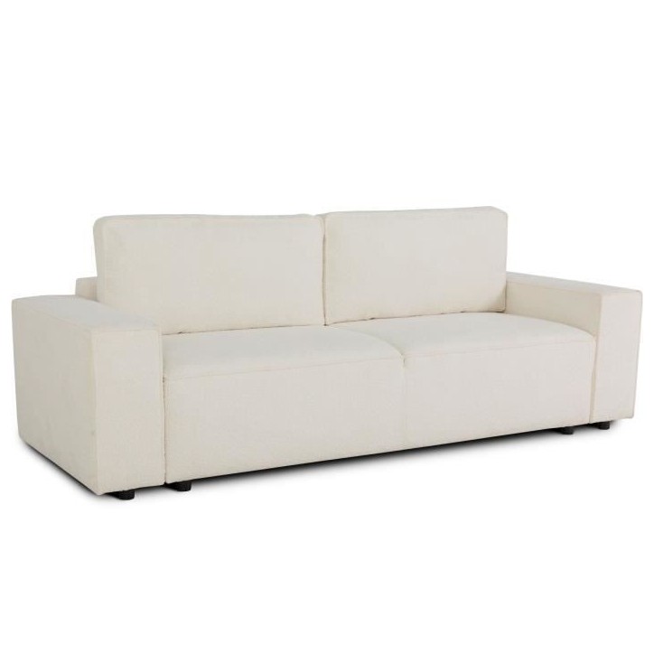Canapé convertible 3 places - JOSH - Tissu bouclette Creme - Coffre de rangement - 239 x 86 x 85 cm