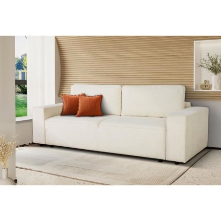 Canapé convertible 3 places - JOSH - Tissu bouclette Creme - Coffre de rangement - 239 x 86 x 85 cm