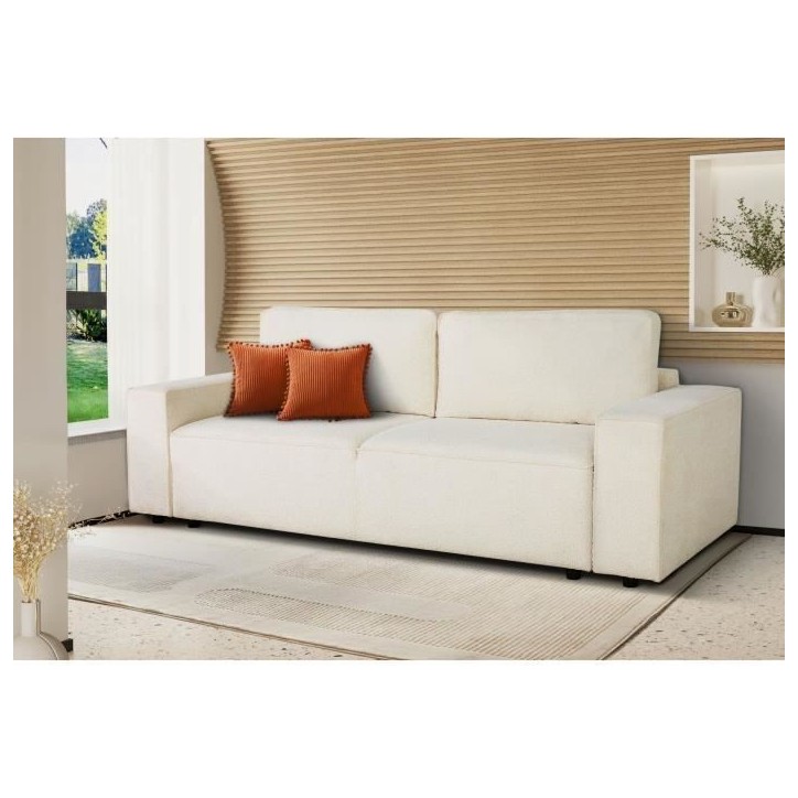 Canapé convertible 3 places - JOSH - Tissu bouclette Creme - Coffre de rangement - 239 x 86 x 85 cm