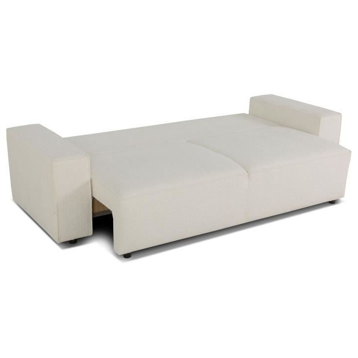 Canapé convertible 3 places - JOSH - Tissu bouclette Creme - Coffre de rangement - 239 x 86 x 85 cm