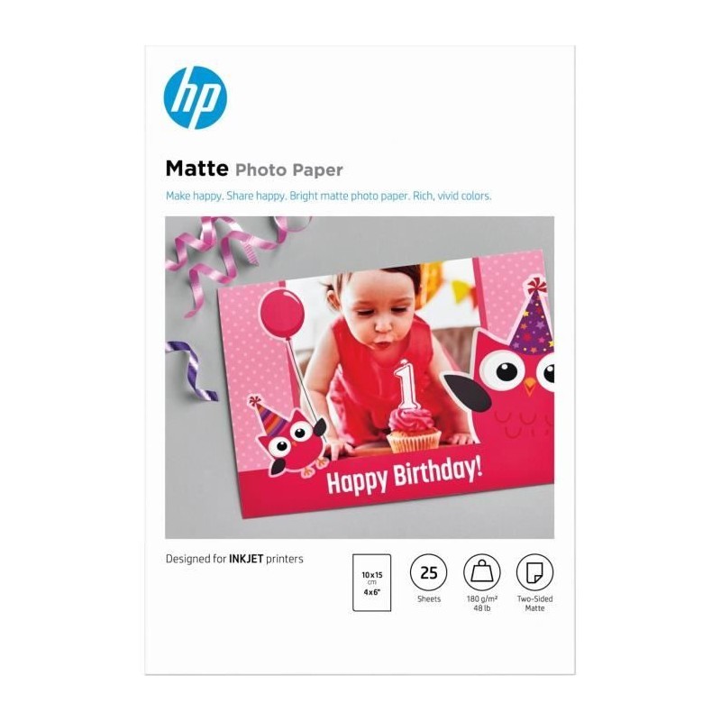Papier photo mat HP - 180 g/m2 - 10 x 15 cm - 25 feuilles (7HF70A)
