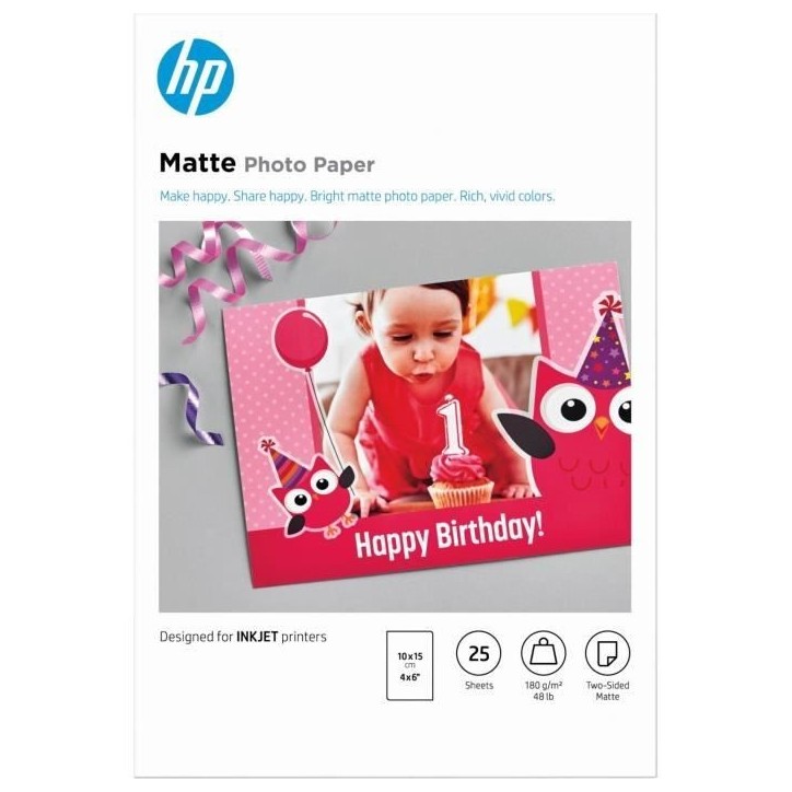 Papier photo mat HP - 180 g/m2 - 10 x 15 cm - 25 feuilles (7HF70A) Papier photo mat HP - 180 g/m2 - 10 x 15 cm - 25 feuilles (7HF70A)