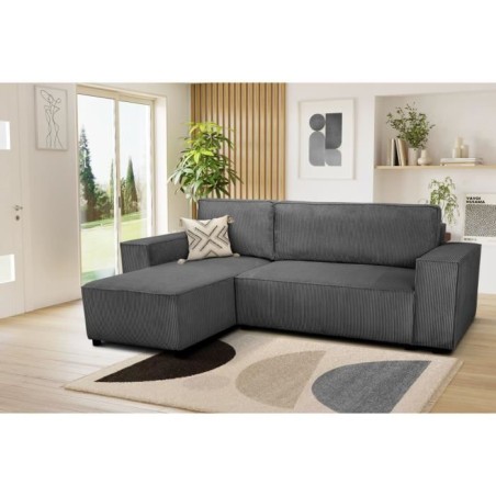 Canapé d'angle convertible réversible - 4 places - JOSH - Tissu velours cotelé - Anthracite - Coffre - 242 x 155 x 86 cm