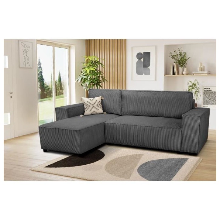 Canapé d'angle convertible réversible - 4 places - JOSH - Tissu velours cotelé - Anthracite - Coffre - 242 x 155 x 86 cm Canapé d'angle convertible réversible - 4 places - JOSH - Tissu velours cotelé - Anthracite - Coffre - 242 x 155 x 86 cm