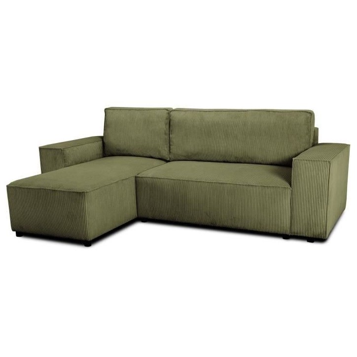 Canapé d'angle convertible réversible - 4 places - JOSH - Tissu velours cotelé - Kaki - Coffre - 242 x 155 x 86 cm Canapé d'angle convertible réversible - 4 places - JOSH - Tissu velours cotelé - Kaki - Coffre - 242 x 155 x 86 cm