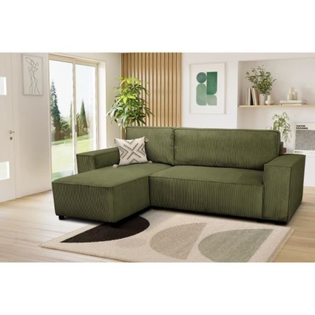 Canapé d'angle convertible réversible - 4 places - JOSH - Tissu velours cotelé - Kaki - Coffre - 242 x 155 x 86 cm