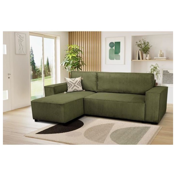 Canapé d'angle convertible réversible - 4 places - JOSH - Tissu velours cotelé - Kaki - Coffre - 242 x 155 x 86 cm Canapé d'angle convertible réversible - 4 places - JOSH - Tissu velours cotelé - Kaki - Coffre - 242 x 155 x 86 cm